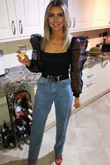 Black Glitter Square Neck Puff Sleeves Top - Triss-Tops