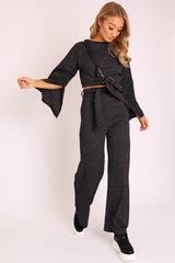 Black Glitter Wide Leg Ribbed Crop Top Co-ord - Cybil-Co-ords