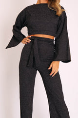Black Glitter Wide Leg Ribbed Crop Top Co-ord - Cybil-Co-ords