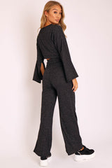 Black Glitter Wide Leg Ribbed Crop Top Co-ord - Cybil-Co-ords