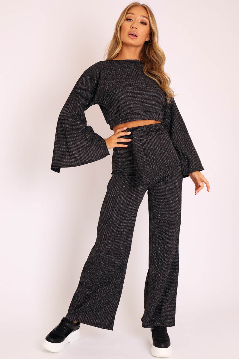 Black Glitter Wide Leg Ribbed Crop Top Co-ord - Cybil-Co-ords