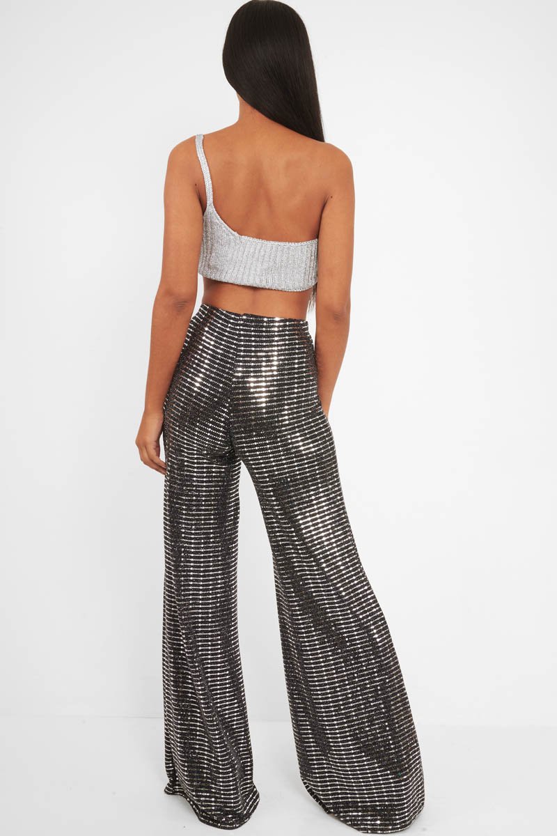 Black Glitter Wide Leg Trousers - Jalessa-Trousers
