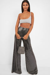 Black Glitter Wide Leg Trousers - Jalessa-Trousers
