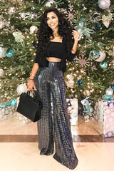 Black Glitter Wide Leg Trousers - Jalessa-Trousers