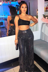 Black Glitter Wide Leg Trousers - Jalessa-Trousers