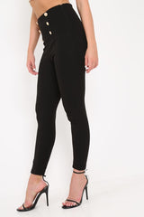 Black Gold Button Front Skinny Trousers - Aivy-Trousers