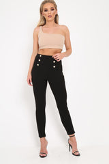 Black Gold Button Front Skinny Trousers - Aivy-Trousers