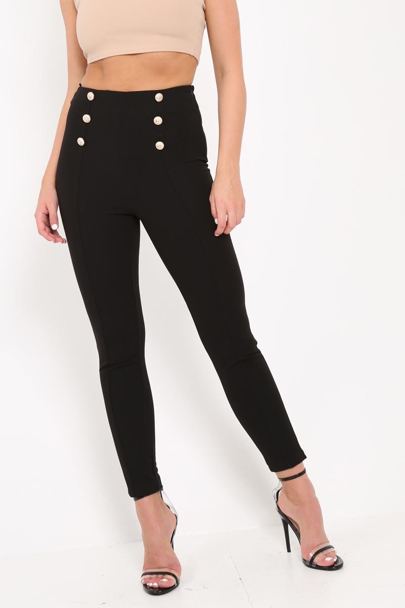 Black Gold Button Front Skinny Trousers - Aivy-Trousers