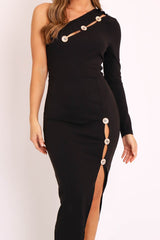 Black Gold Button One Sleeve Midi Dress - Ziva-Dresses