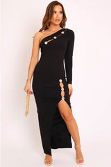 Black Gold Button One Sleeve Midi Dress - Ziva-Dresses