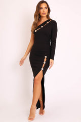 Black Gold Button One Sleeve Midi Dress - Ziva-Dresses