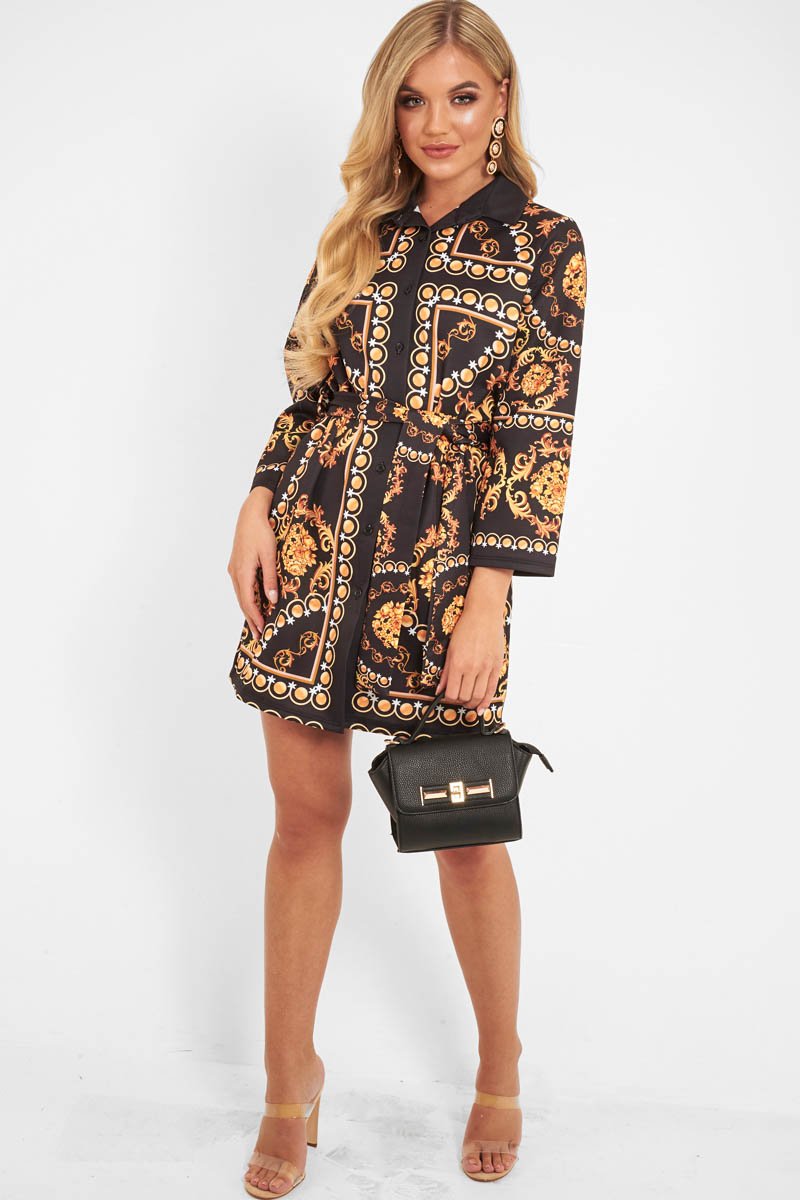 Black Gold Chain Print Belted Shirt Dress - Estie-Dresses