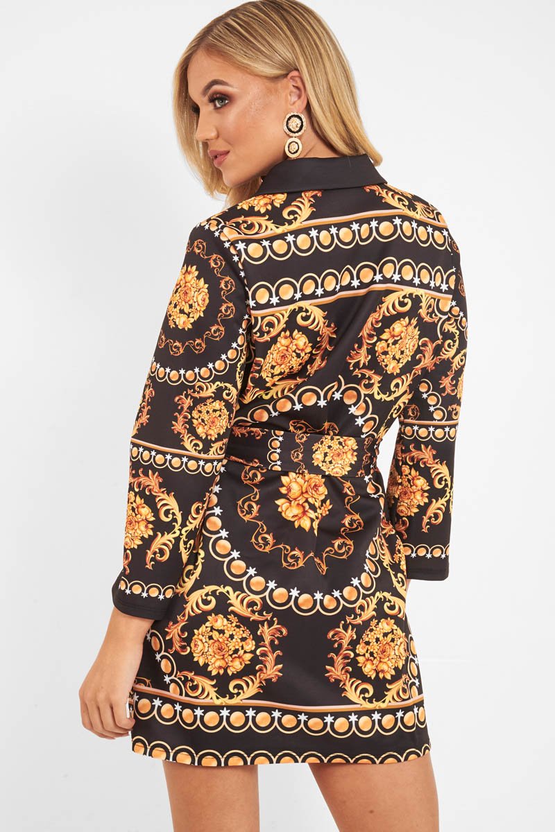 Black Gold Chain Print Belted Shirt Dress - Estie-Dresses