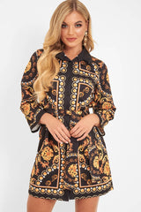 Black Gold Chain Print Belted Shirt Dress - Estie-Dresses