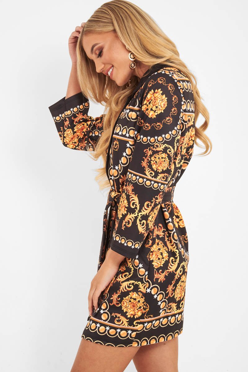 Black Gold Chain Print Belted Shirt Dress - Estie-Dresses