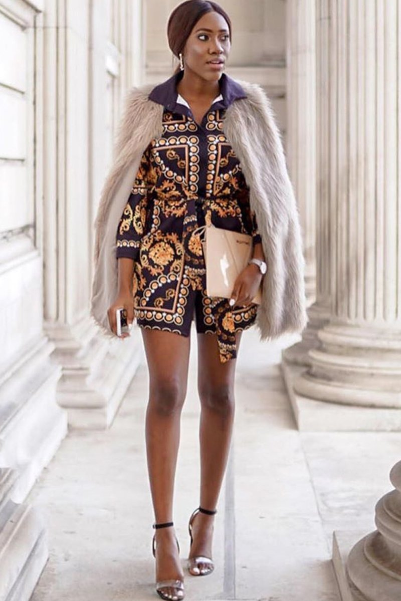 Black Gold Chain Print Belted Shirt Dress - Estie-Dresses