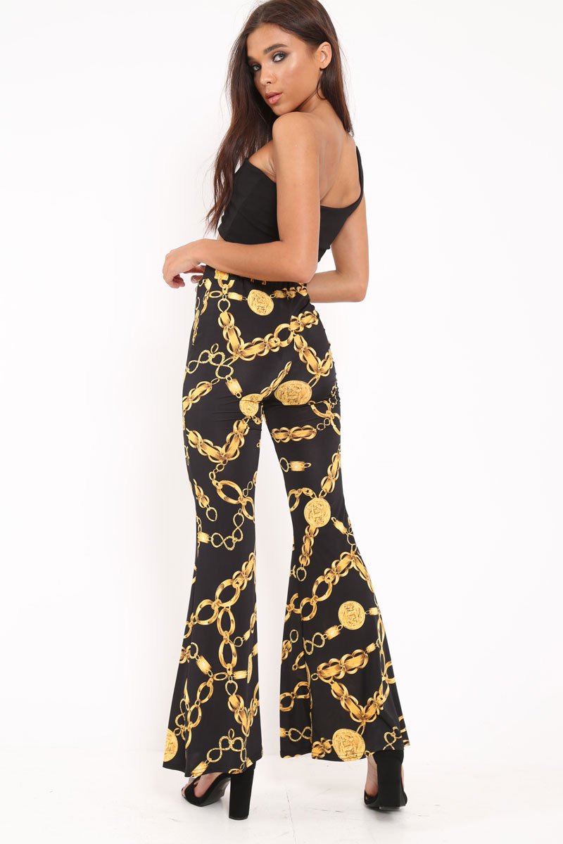 Black Gold Chain Print Flared Trousers - Brooke-Trousers