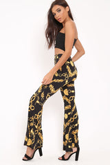Black Gold Chain Print Flared Trousers - Brooke-Trousers