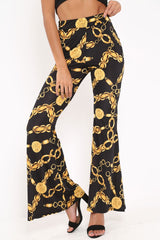 Black Gold Chain Print Flared Trousers - Brooke-Trousers