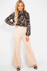 Black Gold Chain Print Satin Long Sleeve Bow Shirt - Abrah-Shirts