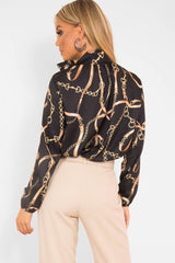 Black Gold Chain Print Satin Long Sleeve Bow Shirt - Abrah-Shirts