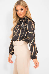 Black Gold Chain Print Satin Long Sleeve Bow Shirt - Abrah-Shirts
