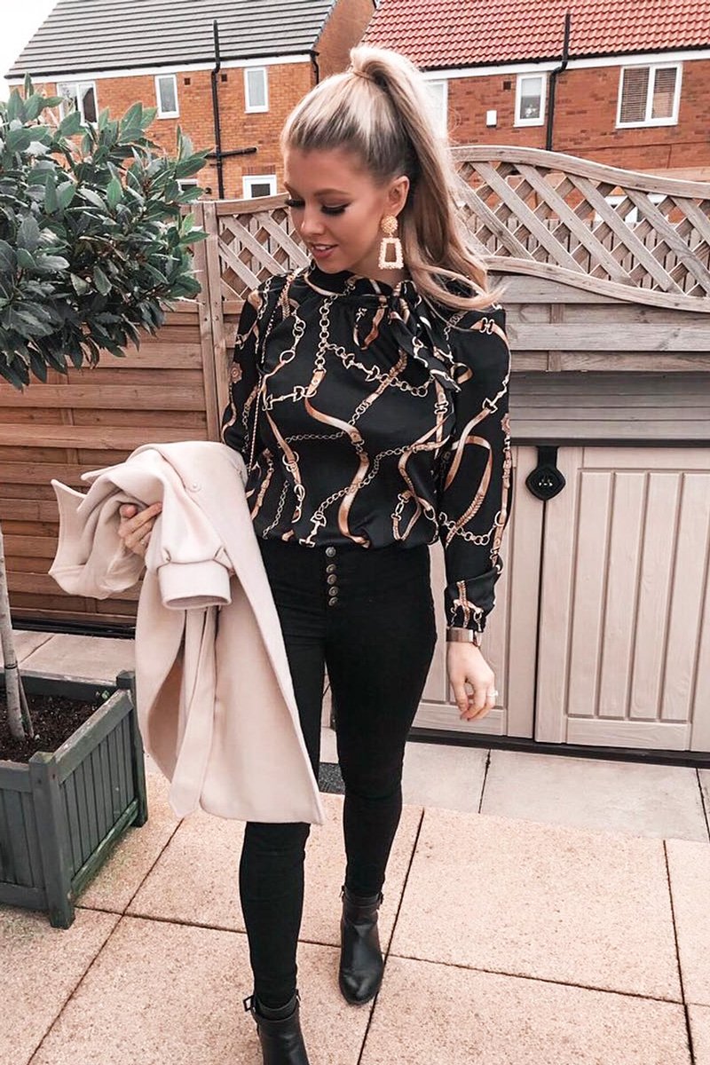 Black Gold Chain Print Satin Long Sleeve Bow Shirt - Abrah-Shirts