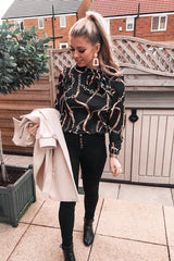 Black Gold Chain Print Satin Long Sleeve Bow Shirt - Abrah-Shirts