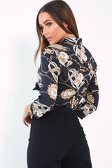 Black Gold Chain Print Tie Front Blouse - Melika-Tops
