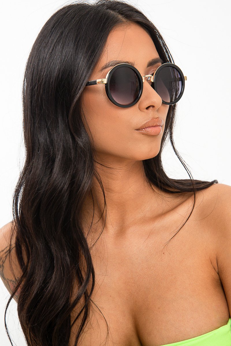 Black Gold Detail Round Frame Sunglasses - Ryen-Sunglasses