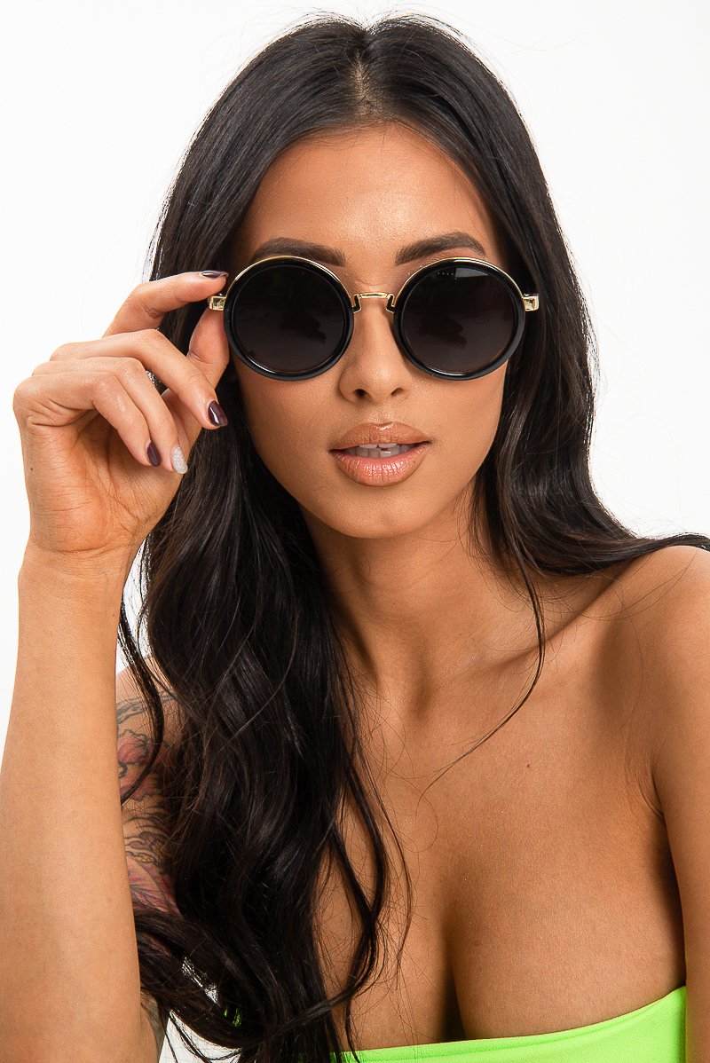 Black Gold Detail Round Frame Sunglasses - Ryen-Sunglasses
