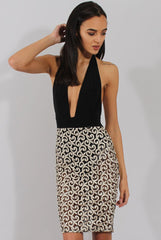 Black & Gold Embroidered Halter Neck Dress - Oona-Dresses