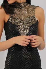 Black & Gold Embroidered Midi Dress - Freja-Dresses