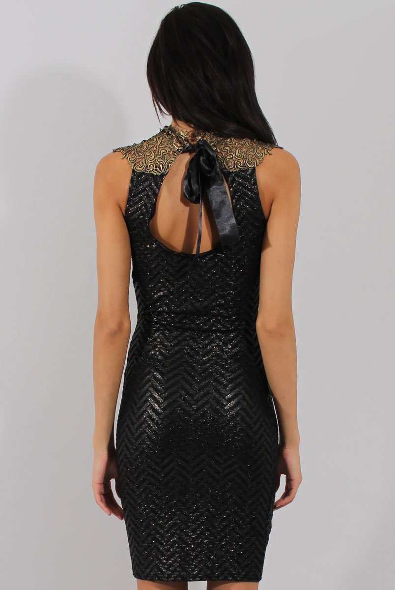 Black & Gold Embroidered Midi Dress - Freja-Dresses