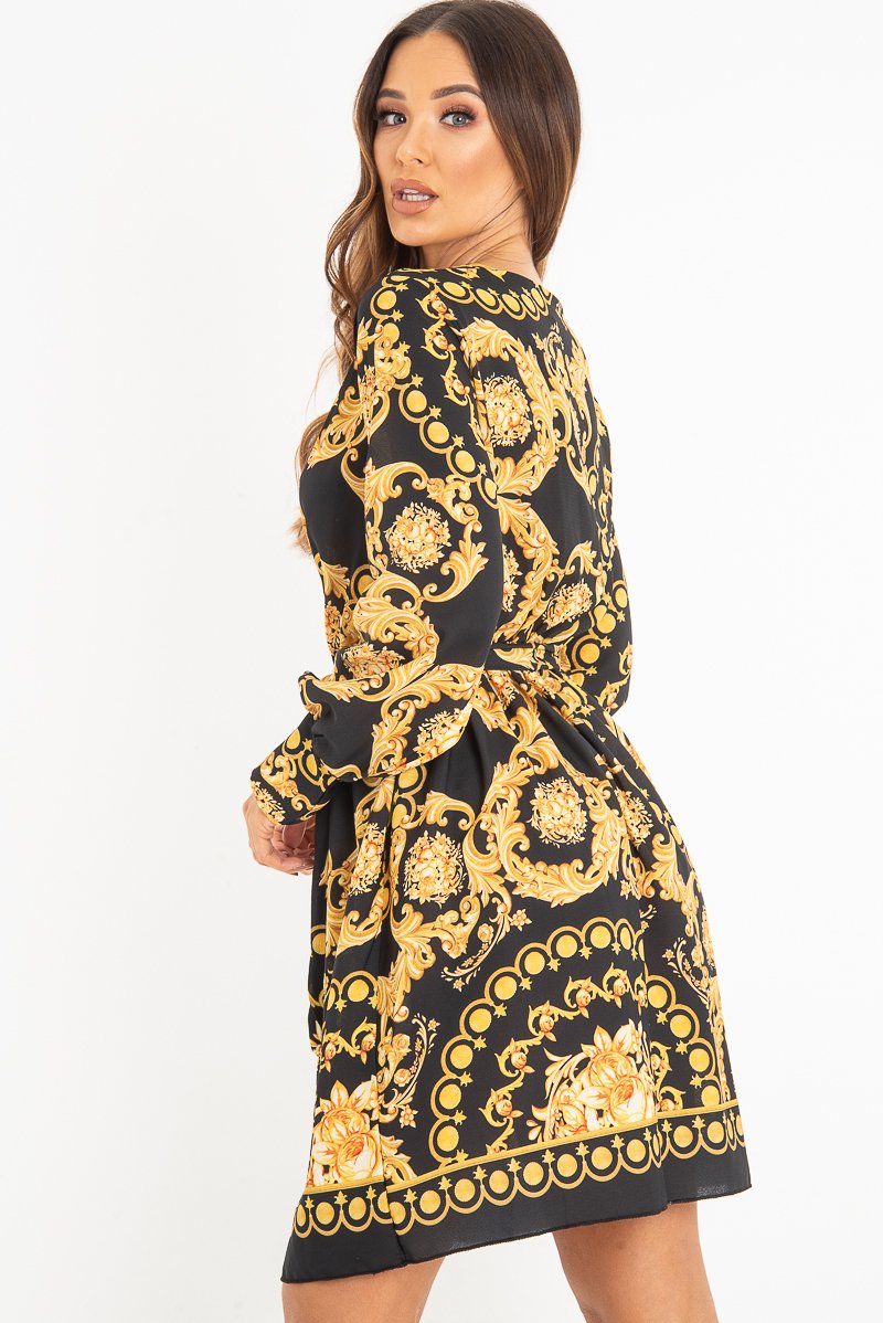 Black Gold Floral Scarf Print Plunge Mini Dress - Sydney Rebellious Fashion Black Gold Floral Scarf Print Plunge Mini Dress - Sydney Rebellious Fashion
