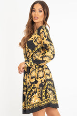 Black Gold Floral Scarf Print Plunge Mini Dress - Sydney-Dresses