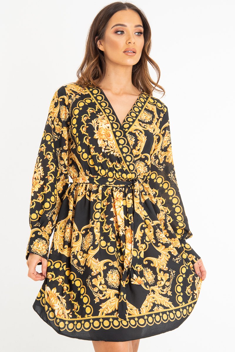 Black Gold Floral Scarf Print Plunge Mini Dress - Sydney-Dresses