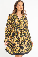 Black Gold Floral Scarf Print Plunge Mini Dress - Sydney-Dresses