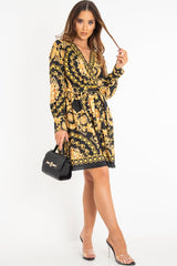 Black Gold Floral Scarf Print Plunge Mini Dress - Sydney-Dresses
