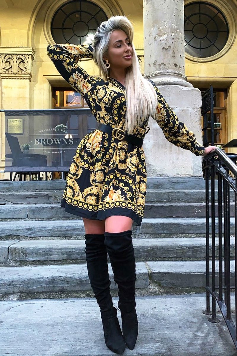 Black Gold Floral Scarf Print Plunge Mini Dress - Sydney-Dresses