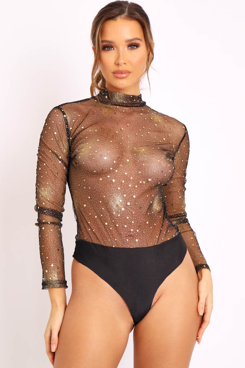 Black Gold Glitter Mesh Long Sleeve Bodysuit - Kharlie-Bodysuits