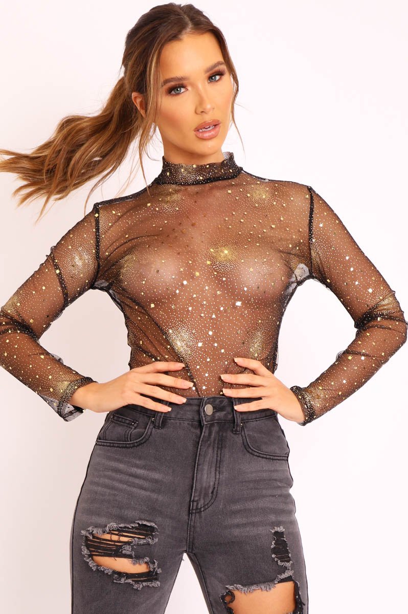 Black Gold Glitter Mesh Long Sleeve Bodysuit - Kharlie-Bodysuits