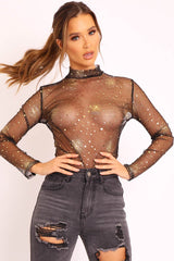 Black Gold Glitter Mesh Long Sleeve Bodysuit - Kharlie-Bodysuits