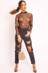 Black Gold Glitter Mesh Long Sleeve Bodysuit - Kharlie-Bodysuits