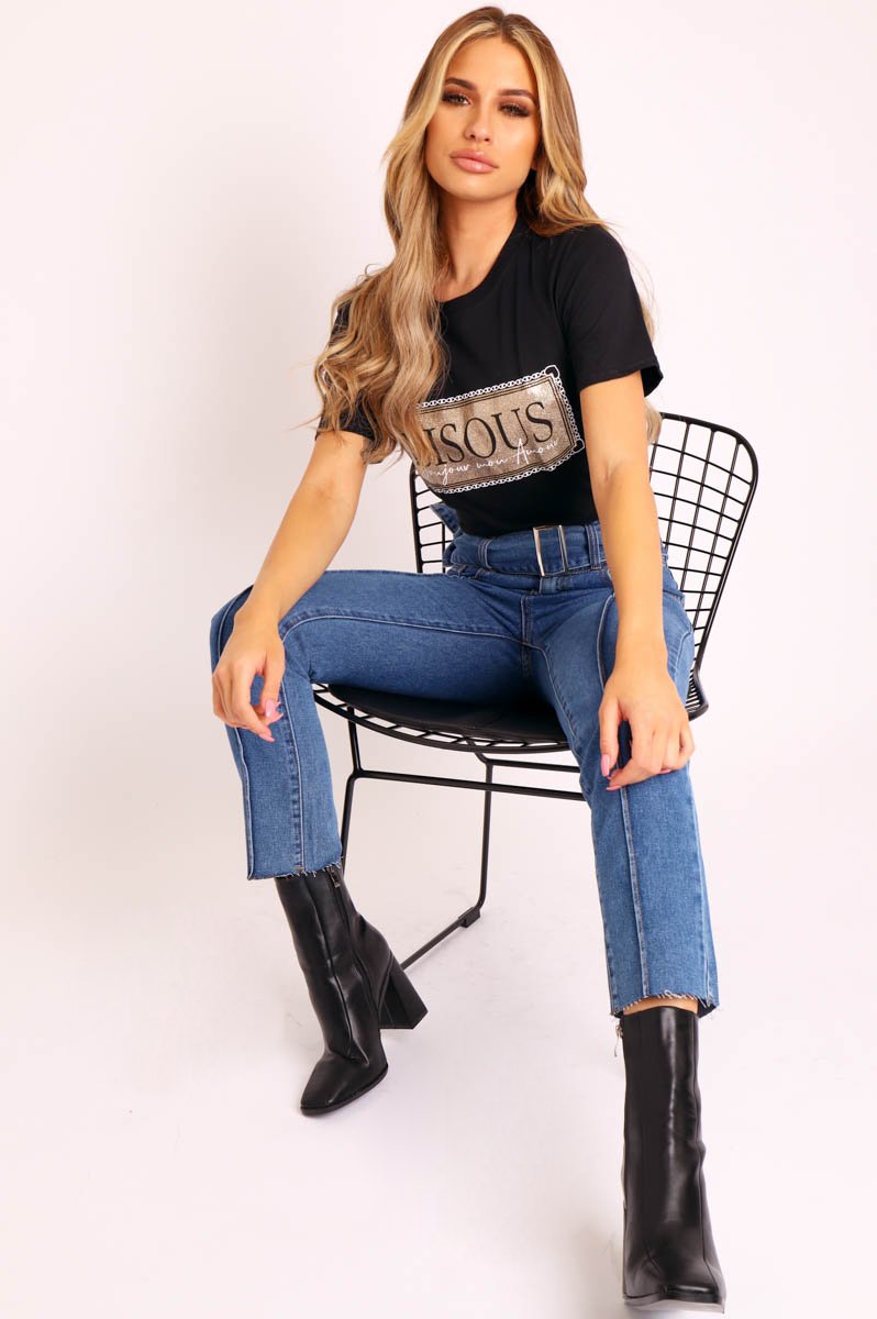 Black Gold Glitter Slogan T-shirt - Amma-T-shirt