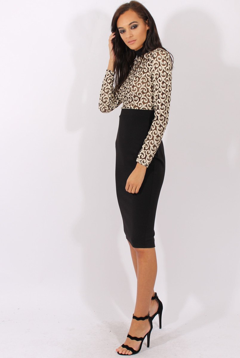 Black & Gold Mesh Top Embroidered Midi Dress - Louiza-Tops