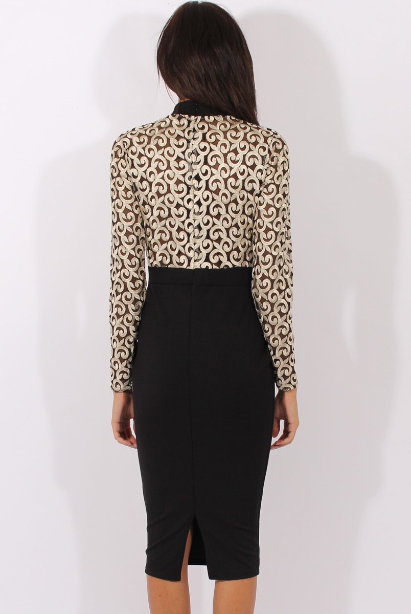 Black & Gold Mesh Top Embroidered Midi Dress - Louiza-Tops
