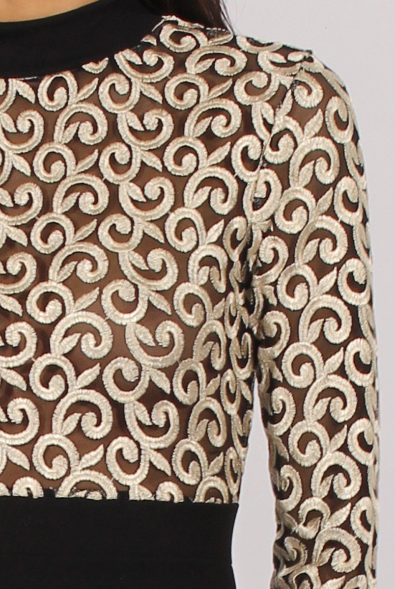 Black & Gold Mesh Top Embroidered Midi Dress - Louiza-Tops