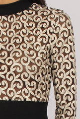 Black & Gold Mesh Top Embroidered Midi Dress - Louiza-Tops