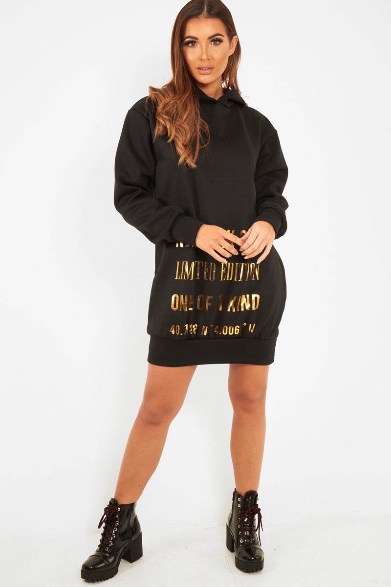 Black Gold New York Slogan Hoodie Dress - Sophira-Dresses